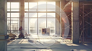 Generative AI An under construction office building interior. A huge hall with panoramic windows being constructed