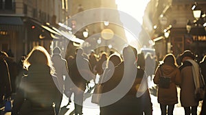 Generative AI Urban life scene with anonymous crowd of people walking on a busy French street business concept.