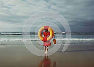 Generative AI Vacation at sea and resort concept Stupefied lifeguard with lifebuoy looks surprisingly into distanc