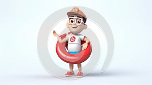 Generative AI Vacation at sea and resort concept Stupefied lifeguard with lifebuoy looks surprisingly into distanc