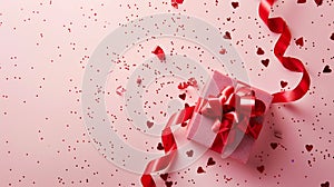 Generative AI Valentines day flat lay composition with red ribbon gifts confetti on pink background Suitable for v