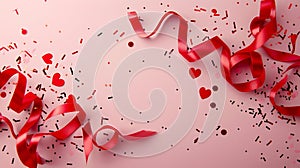 Generative AI Valentines day flat lay composition with red ribbon gifts confetti on pink background Suitable for v
