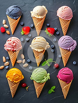 Generative AI Various of ice cream flavor in cones blueberry ,strawberry ,pistachio ,almond ,orange and cherry set