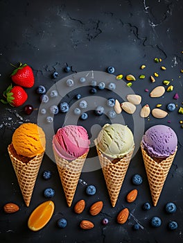 Generative AI Various of ice cream flavor in cones blueberry ,strawberry ,pistachio ,almond ,orange and cherry set