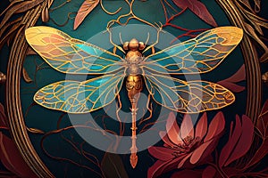 Generative AI: vector golden dragonfly stripes on black background