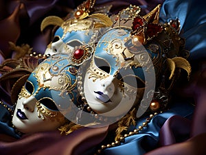Generative AI. Venetian masks decorated with golden filigree and jewels