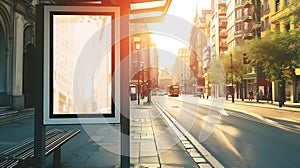 Generative AI Vertical blank white billboard at bus stop on city street. In the background buildings and road. Moc