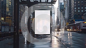 Generative AI Vertical blank white billboard mockup for advertising Bus stop at New York city buildings and street