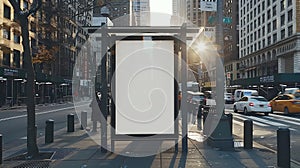 Generative AI Vertical blank white billboard mockup for advertising Bus stop at New York city buildings and street