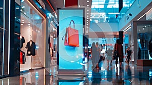 Generative AI Vertical LED TV Screen at Front of fashion bags store in Shopping Mall Perfect for showcasing your l