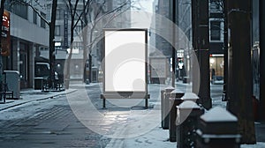 Generative AI Vertical mockup of city poster winter city with thick edges blank white billboard in urban settings