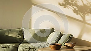 Generative AI Vertical shot of green comfortable sofa with cushions stand against beige copy space wall in living