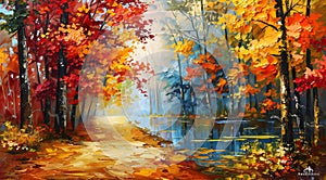 Generative AI. Vibrant Autumn Colors Adorn a Serene Forest Path by a Tranquil Lake at Dawn. Earth Day Concept