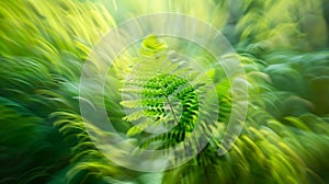 Generative AI A vibrant green fern stands out in an abstract motionblurred forest scene evoking the dynamic life f