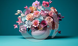 Vibrant Paper Flowers in Decorative Vase Against Teal and Pink Background