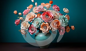Vibrant Paper Flowers in Decorative Vase Against Teal and Pink Background