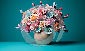 Vibrant Paper Flowers in Decorative Vase Against Teal and Pink Background