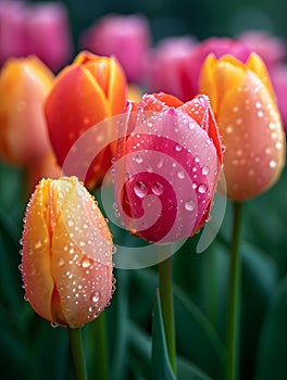 Generative AI. Vibrant Tulips With Morning Dew in a Lush Springtime Garden