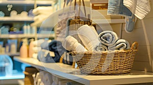 Generative AI View of assortment of decor for interior shop in store of shopping center View of table with basket