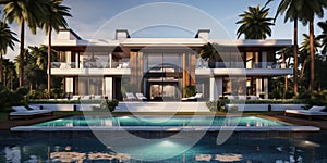 Generative AI, View of swimming pool in front of a modern luxury house.