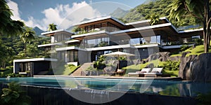 Generative AI, View of swimming pool in front of a modern luxury house.