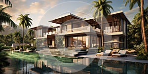 Generative AI, View of swimming pool in front of a modern luxury house.