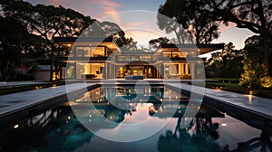 Generative AI, View of swimming pool in front of a modern luxury house illuminated