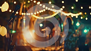 Generative AI Vintage tone abstract blur image of Outdoor party in night time with light bokeh for background usag