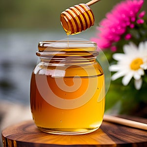 Generative AI. A viscous stream of honey flows into a jar