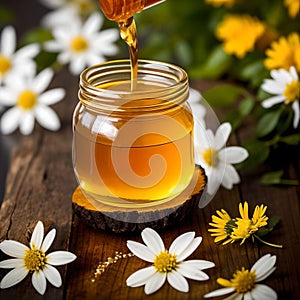Generative AI. A viscous stream of honey flows into a jar photo