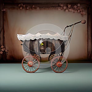 Generative AI: vitange baby carriage in a old background for children`s photo session photo