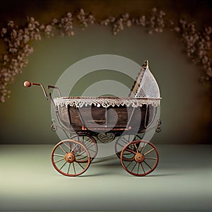 Generative AI: vitange baby carriage in a old background for children`s photo session photo