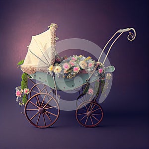 Generative AI: vitange baby carriage in a old background for children`s photo session photo