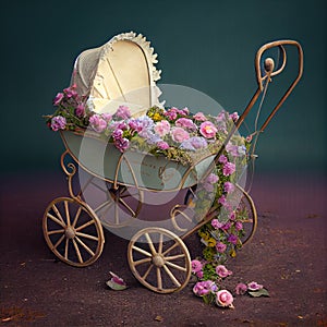 Generative AI: vitange baby carriage in a old background for children`s photo session photo