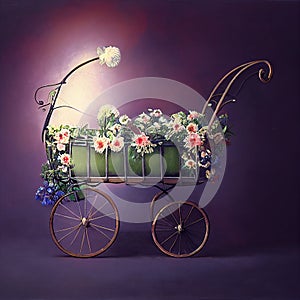 Generative AI: vitange baby carriage in a old background for children`s photo session photo