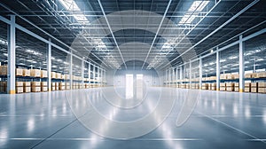 Generative AI, Warehouse interior with LED lighting, industry building