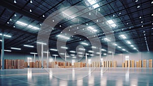 Generative AI, Warehouse interior with LED lighting, industry building