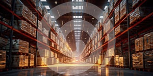 Generative AI, Warehouse interior with LED lighting, industry building, distribution retail center