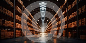 Generative AI, Warehouse interior with LED lighting, industry building, distribution retail center