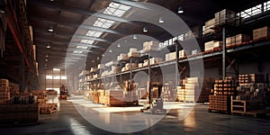 Generative AI, Warehouse interior with LED lighting, industry building, distribution retail center