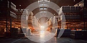 Generative AI, Warehouse interior with LED lighting, industry building, distribution retail center