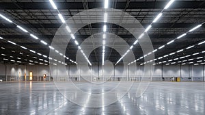 Generative AI, Warehouse interior with LED lighting, industry building, distribution retail center