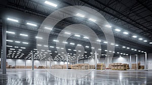 Generative AI, Warehouse interior with LED lighting, industry building, distribution retail center