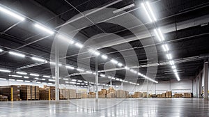 Generative AI, Warehouse interior with LED lighting, industry building, distribution retail center