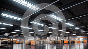 Generative AI, Warehouse interior with LED lighting, industry building, distribution retail center