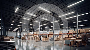 Generative AI, Warehouse interior with LED lighting, industry building, distribution retail center