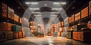 Generative AI, Warehouse interior with LED lighting, industry building, distribution retail center, part of storage