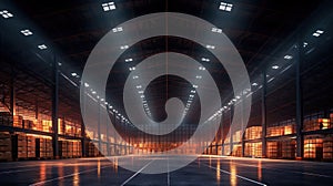 Generative AI, Warehouse interior with LED lighting, industry building, distribution retail center, part of storage