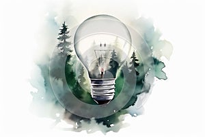 Generative AI watercolor illustration of a green energy and bright future represented with a light bulb into the forest