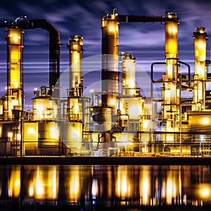 Generative AI watercolor illustration of a industrial chemical facility at night with industrial lighting floating out